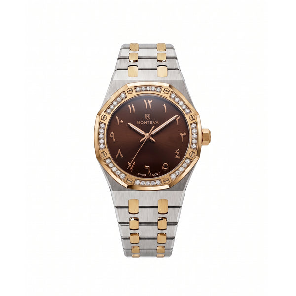 Amira Two-Tone Silver & Gold Bracelet Premium Zircon 32mm Women’s Swiss Quartz Watch by MONTEVA