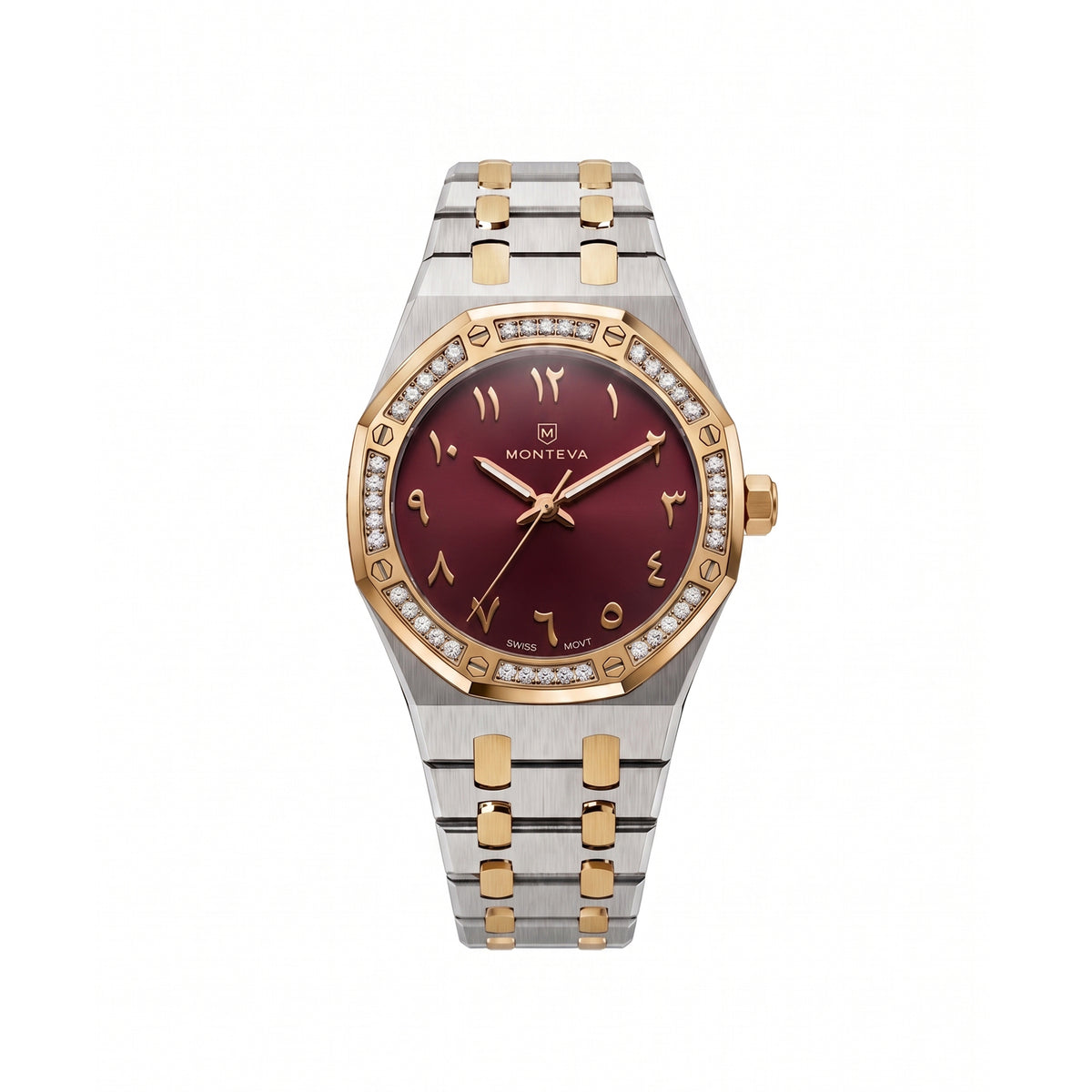 Amira Two-Tone Silver & Gold Bracelet Burgundy Dial Premium Zircon 32mm Women’s Swiss Quartz Watch by MONTEVA