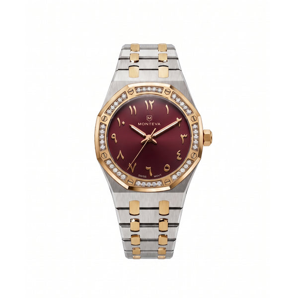 Amira Two-Tone Silver & Gold Bracelet Burgundy Dial Premium Zircon 32mm Women’s Swiss Quartz Watch by MONTEVA