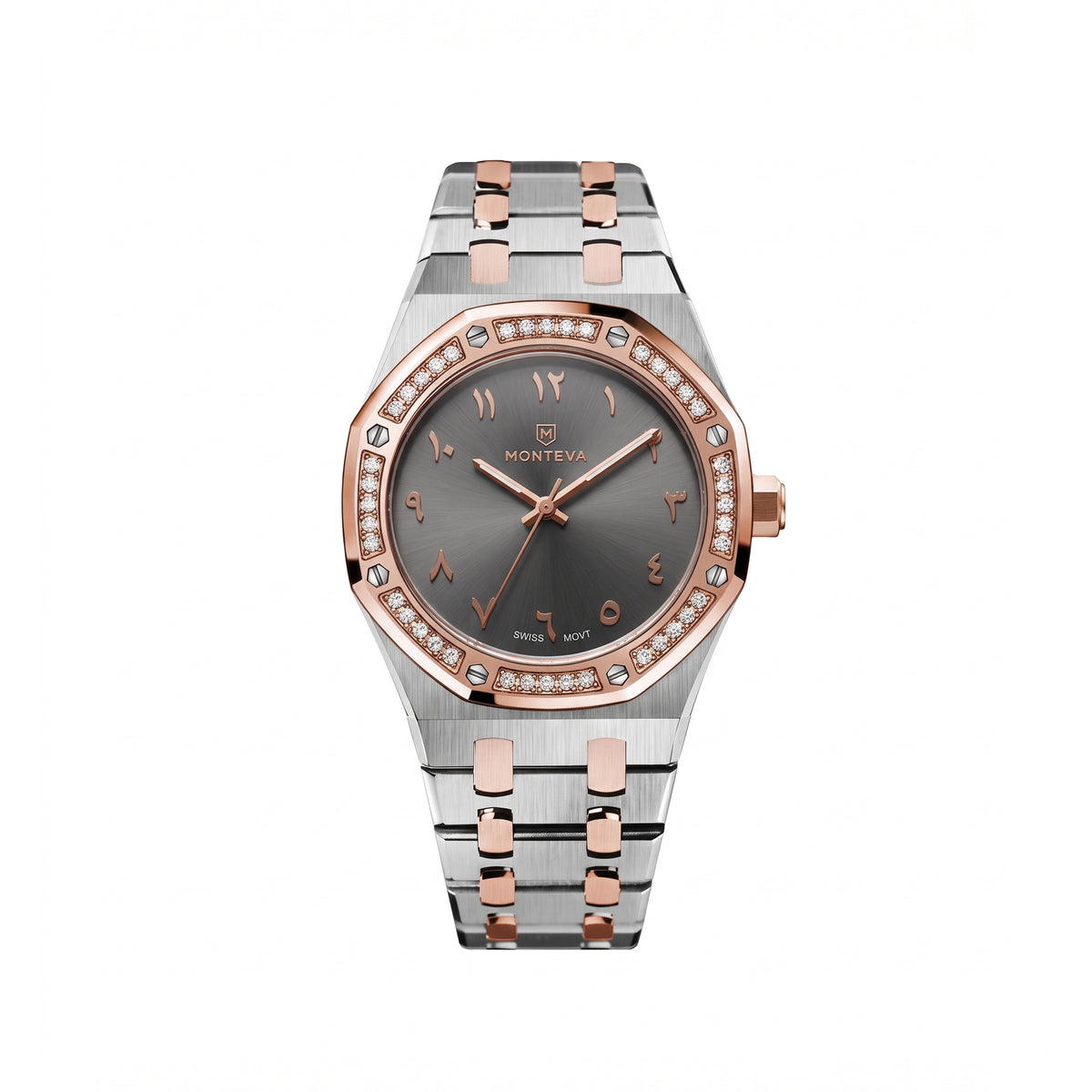 Amira Two-Tone Silver & Rose Gold Bracelet Grey Dial Premium Zircon 32mm Women’s Swiss Quartz Watch by MONTEVA