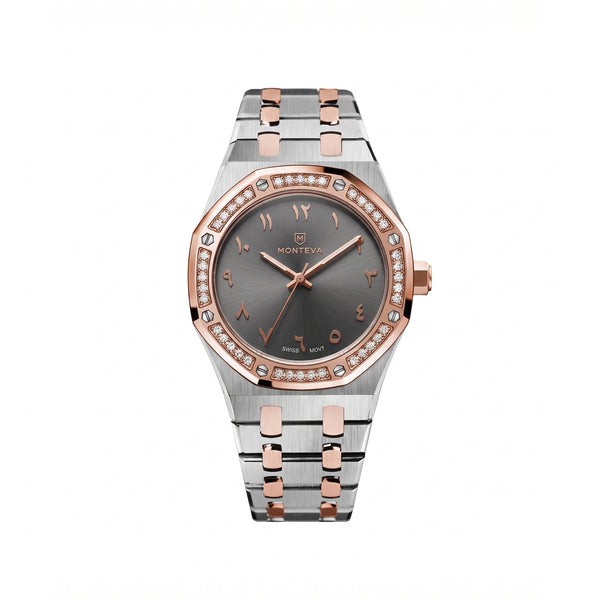 Amira Two-Tone Silver & Rose Gold Bracelet Grey Dial Premium Zircon 32mm Women’s Swiss Quartz Watch by MONTEVA