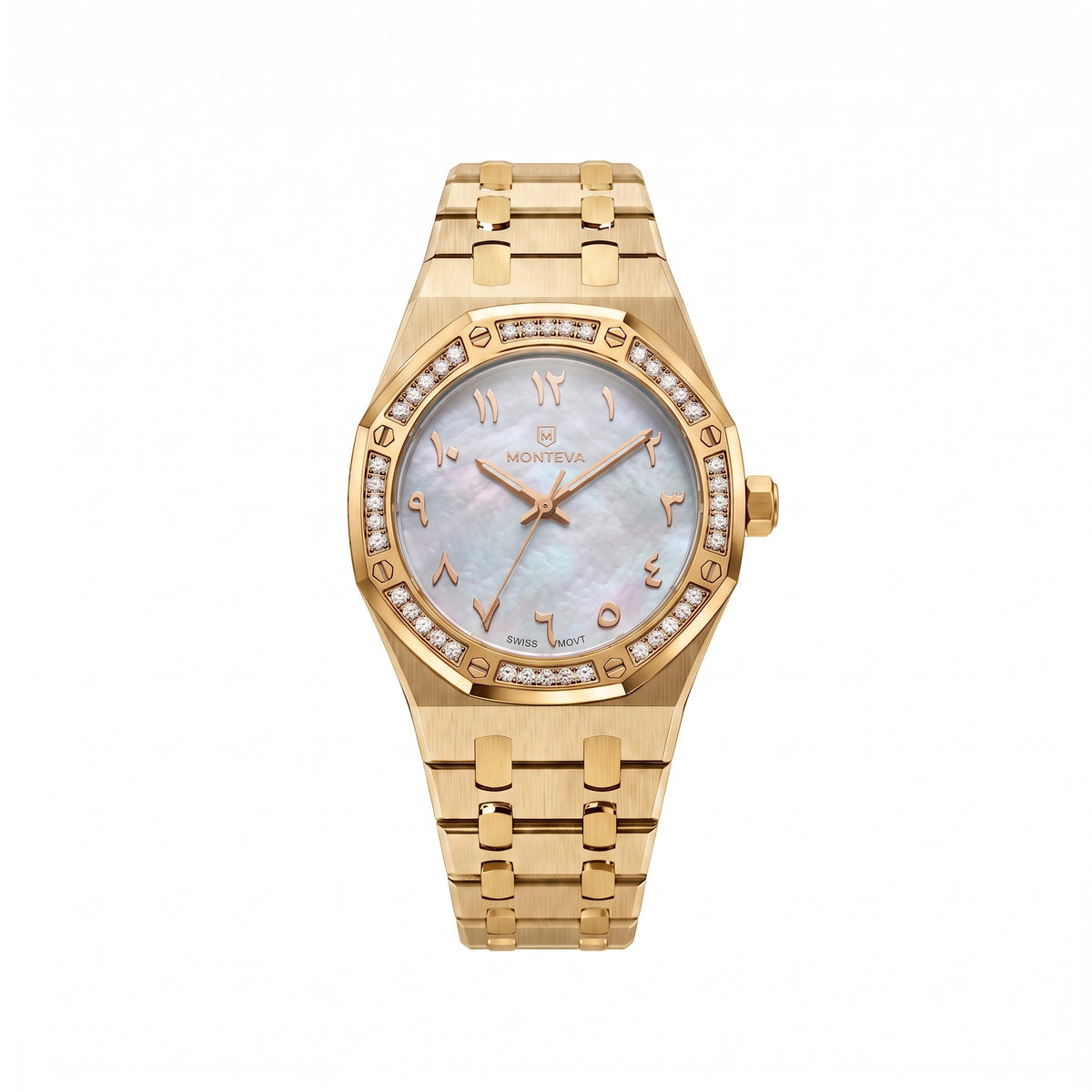 Amira 5-Micron Gold-Plated Bracelet White Mother-of-Pearl Dial Premium Zircon 32mm Women’s Swiss Quartz Watch by MONTEVA