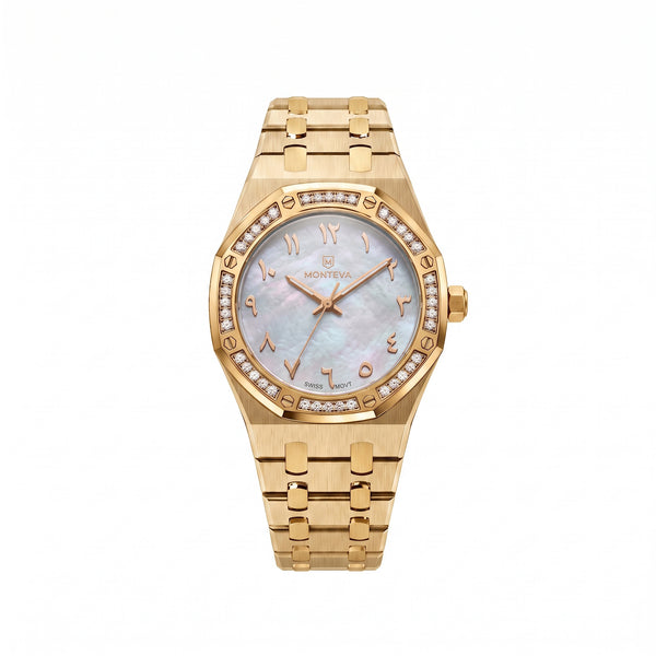 Amira 5-Micron Gold-Plated Bracelet White Mother-of-Pearl Dial Premium Zircon 32mm Women’s Swiss Quartz Watch by MONTEVA