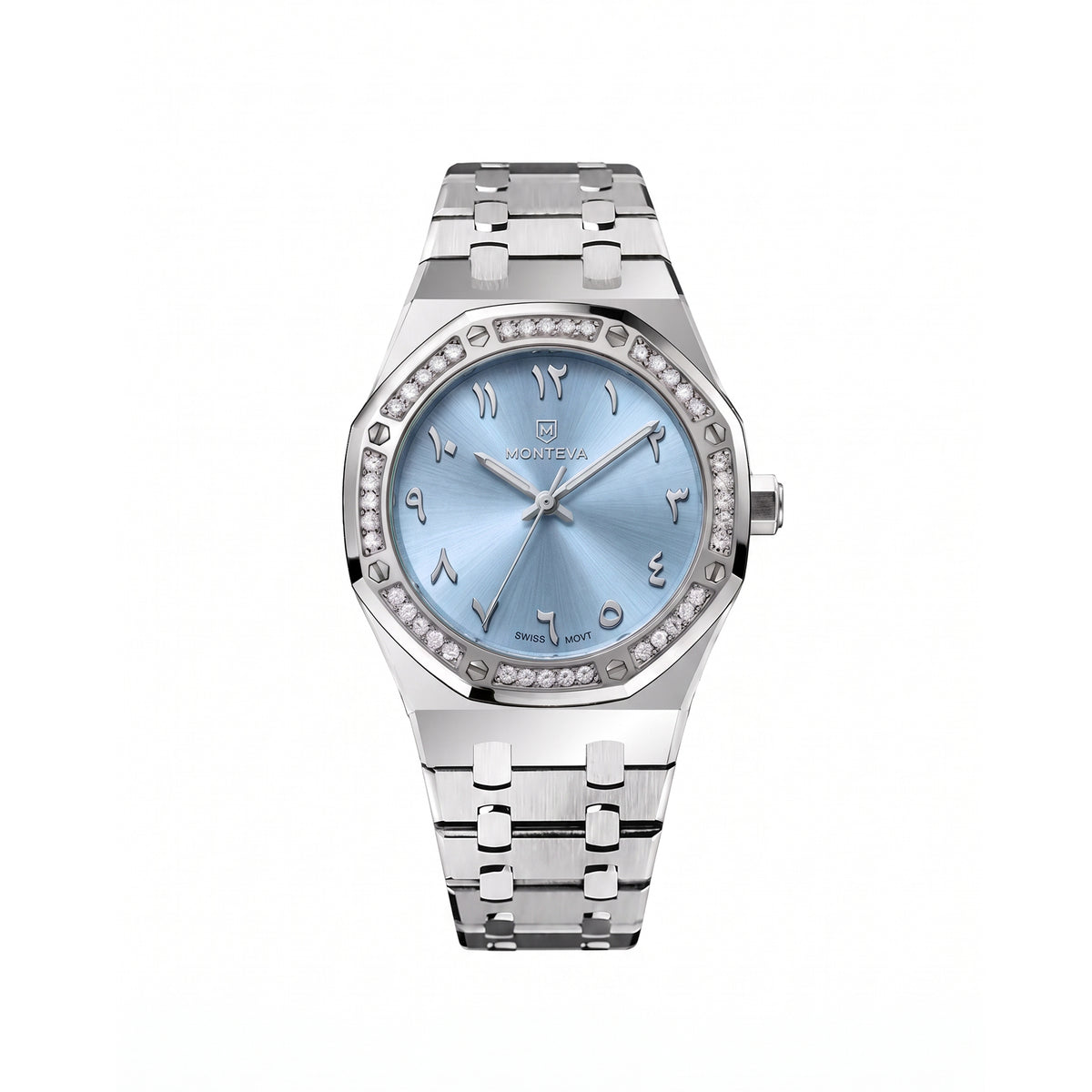 Amira Silver Stainless Steel Bracelet Ice-Blue Dial Premium Zircon 32mm Women’s Swiss Quartz Watch by MONTEVA