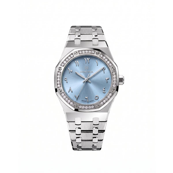 Amira Silver Stainless Steel Bracelet Ice-Blue Dial Premium Zircon 32mm Women’s Swiss Quartz Watch by MONTEVA
