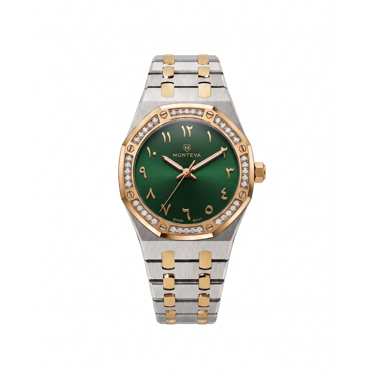 Amira Two-Tone Silver & 5-Micron Gold-Plated Bracelet Green Dial Premium Zircon 32mm Women’s Swiss Quartz Watch by MONTEVA