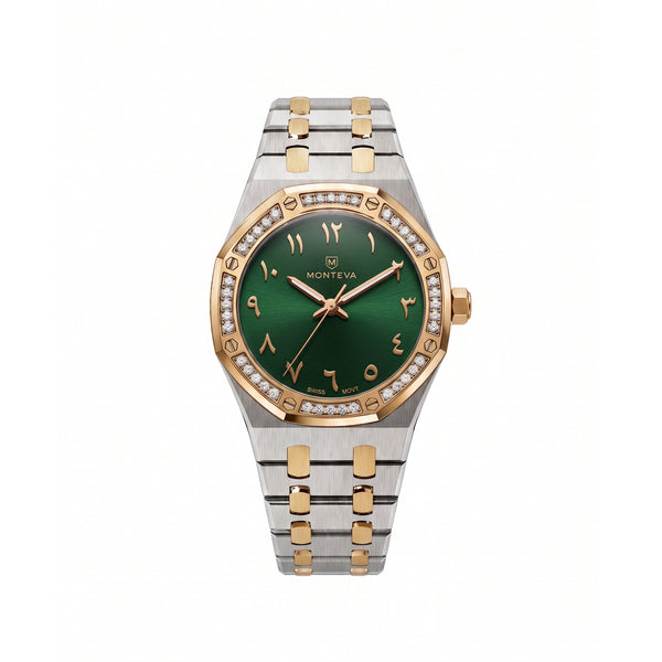Amira Two-Tone Silver & 5-Micron Gold-Plated Bracelet Green Dial Premium Zircon 32mm Women’s Swiss Quartz Watch by MONTEVA