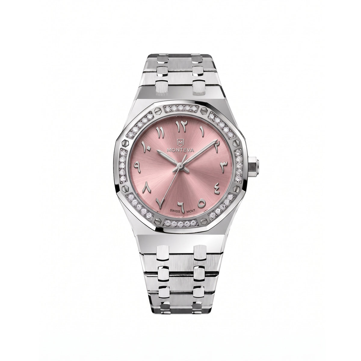Amira Silver Stainless Steel Bracelet Pink Dial Premium Zircon 32mm Women’s Swiss Quartz Watch by MONTEVA