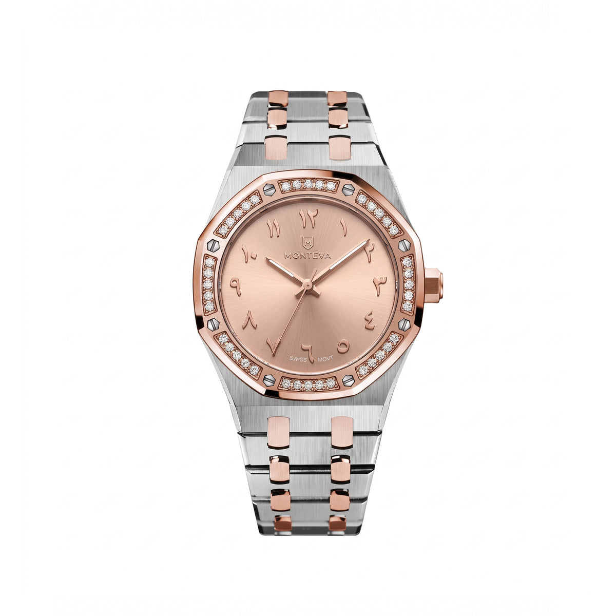 Amira Two-Tone Silver & 5-Micron Rose-Gold-Plated Bracelet Rose Gold Dial Premium Zircon 32mm Women’s Swiss Quartz Watch by MONTEVA