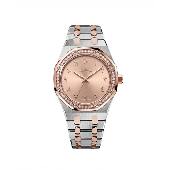 Amira Two-Tone Silver & 5-Micron Rose-Gold-Plated Bracelet Rose Gold Dial Premium Zircon 32mm Women’s Swiss Quartz Watch by MONTEVA