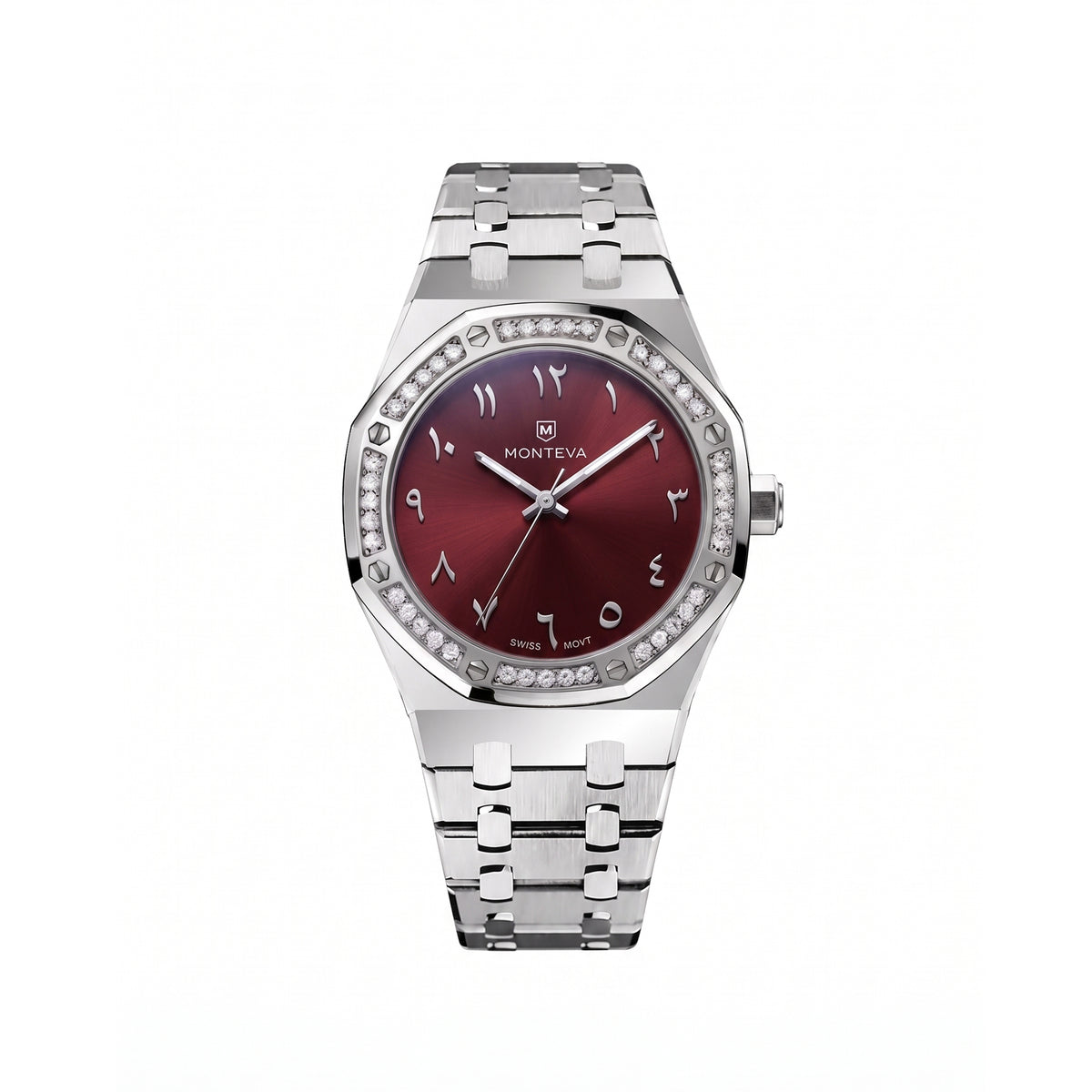 Amira Silver Stainless Steel Bracelet Burgundy Dial Premium Zircon 32mm Women’s Swiss Quartz Watch by MONTEVA