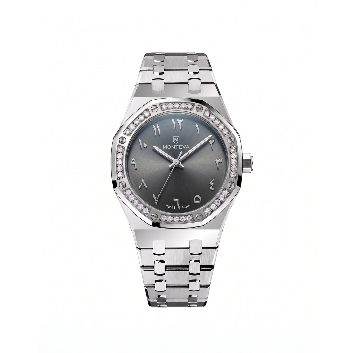 Amira Silver Stainless Steel Bracelet Charcoal-Grey Dial Premium Zircon 32mm Women’s Swiss Quartz Watch by MONTEVA