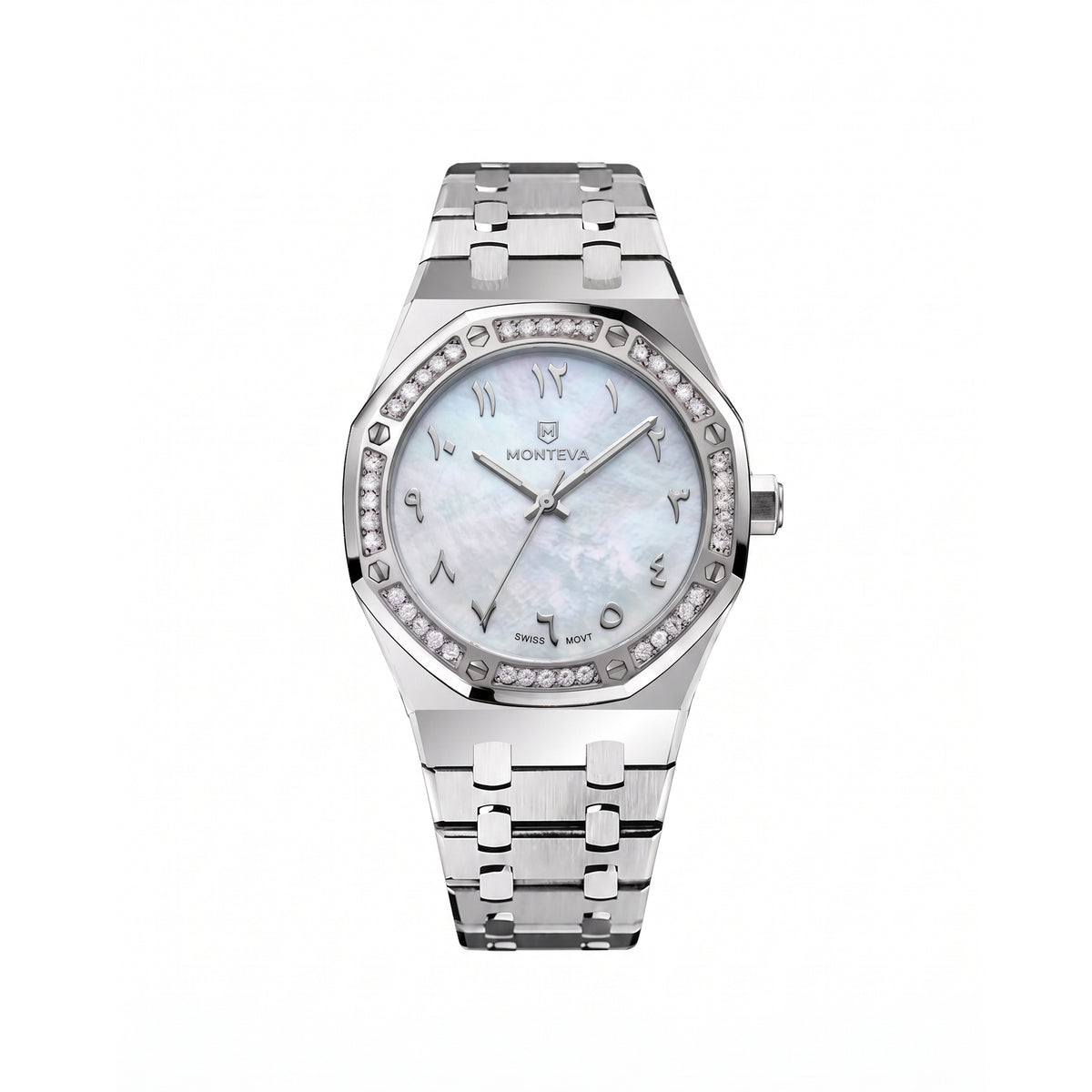 Amira Silver Stainless Steel Bracelet White Mother-of-Pearl Dial Premium Zircon 32mm Women’s Swiss Quartz Watch by MONTEVA