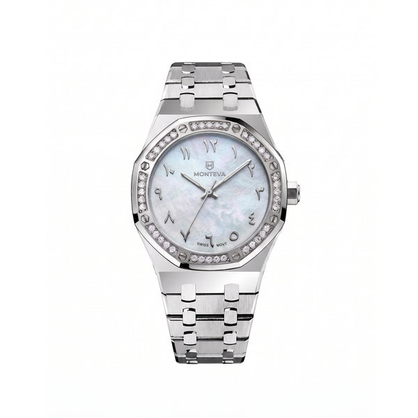 Amira Silver Stainless Steel Bracelet White Mother-of-Pearl Dial Premium Zircon 32mm Women’s Swiss Quartz Watch by MONTEVA