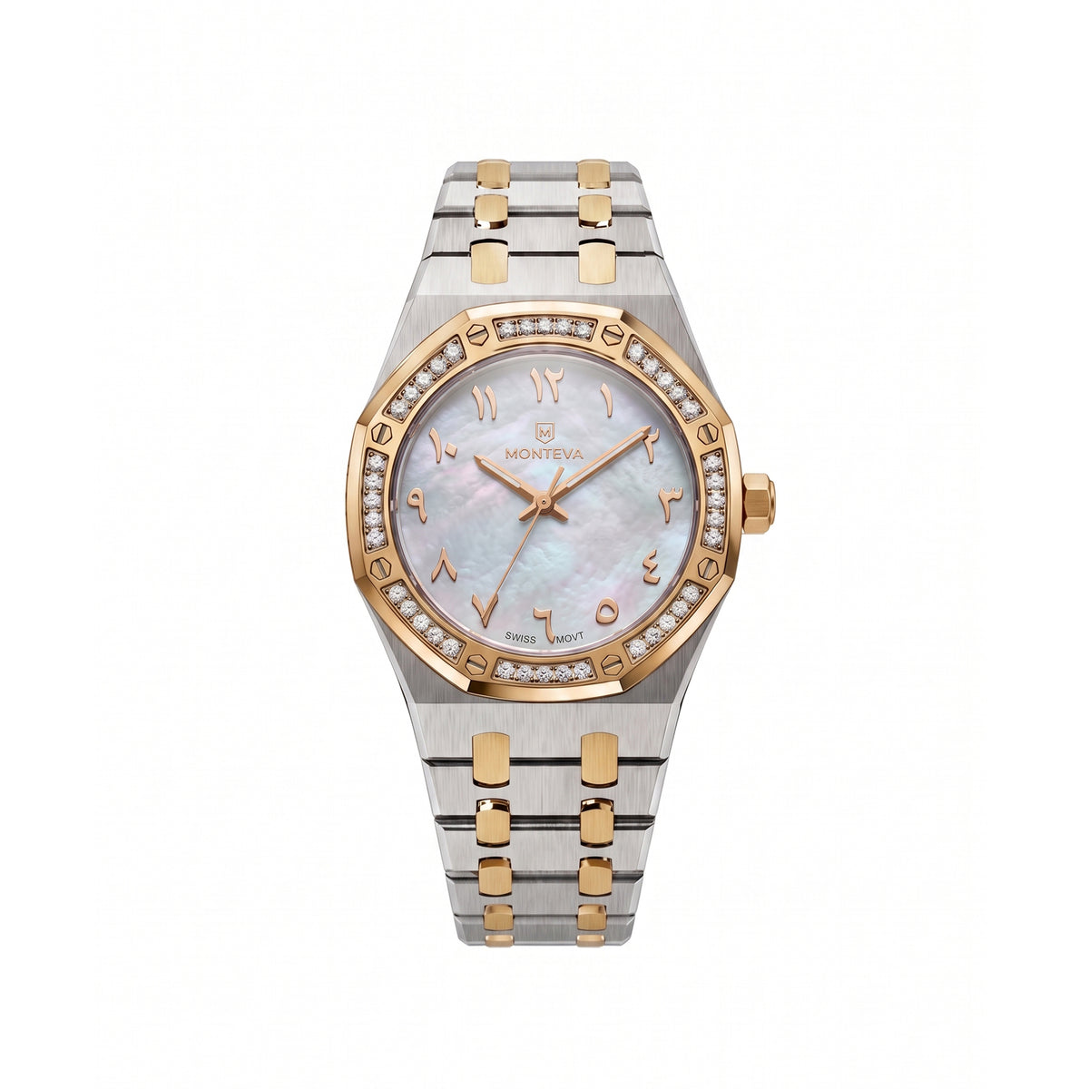 Amira Two-Tone Silver & 5-Micron Gold-Plated Bracelet White Mother-of-Pearl Dial Premium Zircon 32mm Women’s Swiss Quartz Watch by MONTEVA