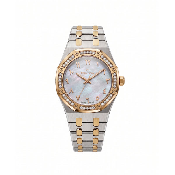 Amira Two-Tone Silver & 5-Micron Gold-Plated Bracelet White Mother-of-Pearl Dial Premium Zircon 32mm Women’s Swiss Quartz Watch by MONTEVA