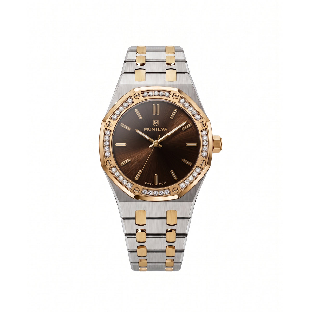 Yasmin Two-Tone Silver & 5-Micron Gold-Plated Bracelet Brown Dial Premium Zircon 32mm Women’s Swiss Quartz Watch by MONTEVA