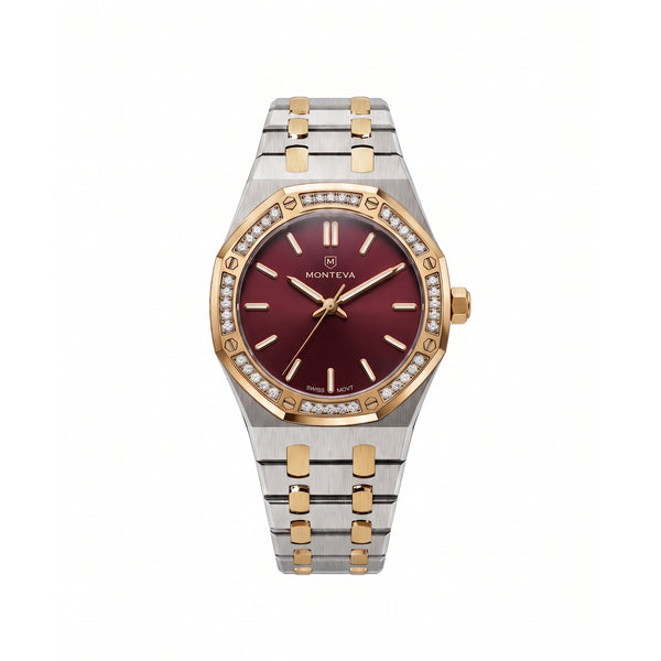 Yasmin Two-Tone Silver & 5-Micron Gold-Plated Bracelet Burgundy Dial Premium Zircon 32mm Women’s Swiss Quartz Watch by MONTEVA
