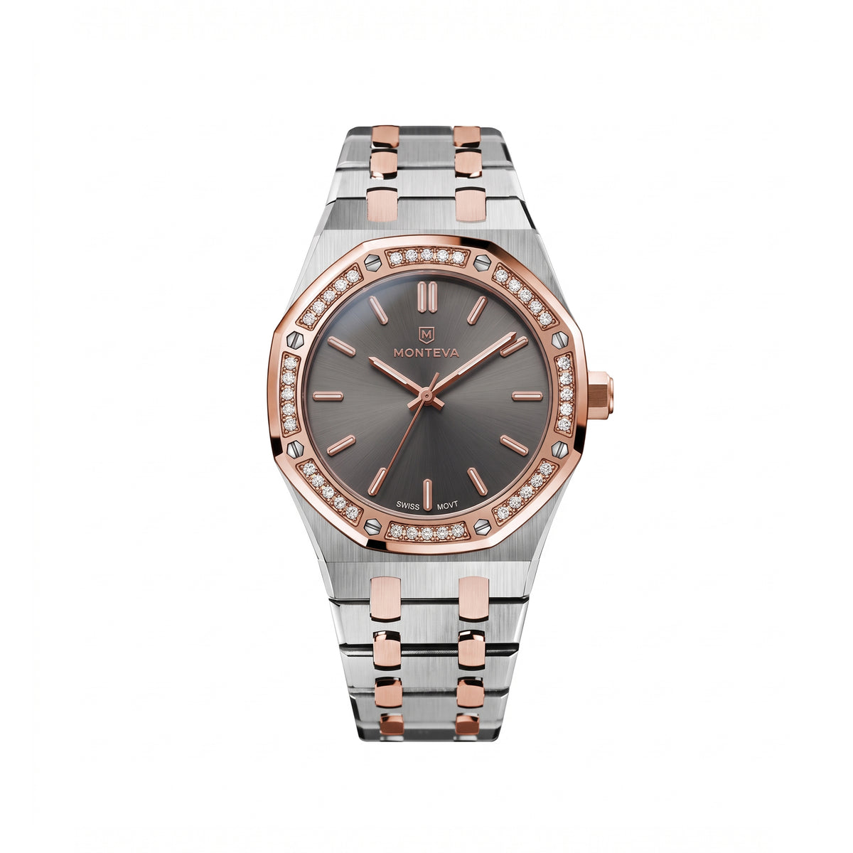 Yasmin Two-Tone Silver & 5-Micron Rose Gold-Plated Bracelet Grey Dial Premium Zircon 32mm Women’s Swiss Quartz Watch by MONTEVA