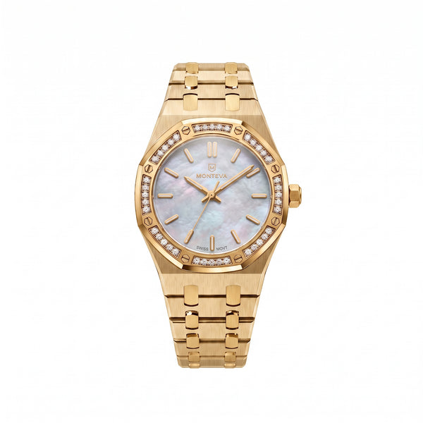 Yasmin 5-Micron Gold-Plated Bracelet White Mother-of-Pearl Dial Premium Zircon 32mm Women’s Swiss Quartz Watch by MONTEVA