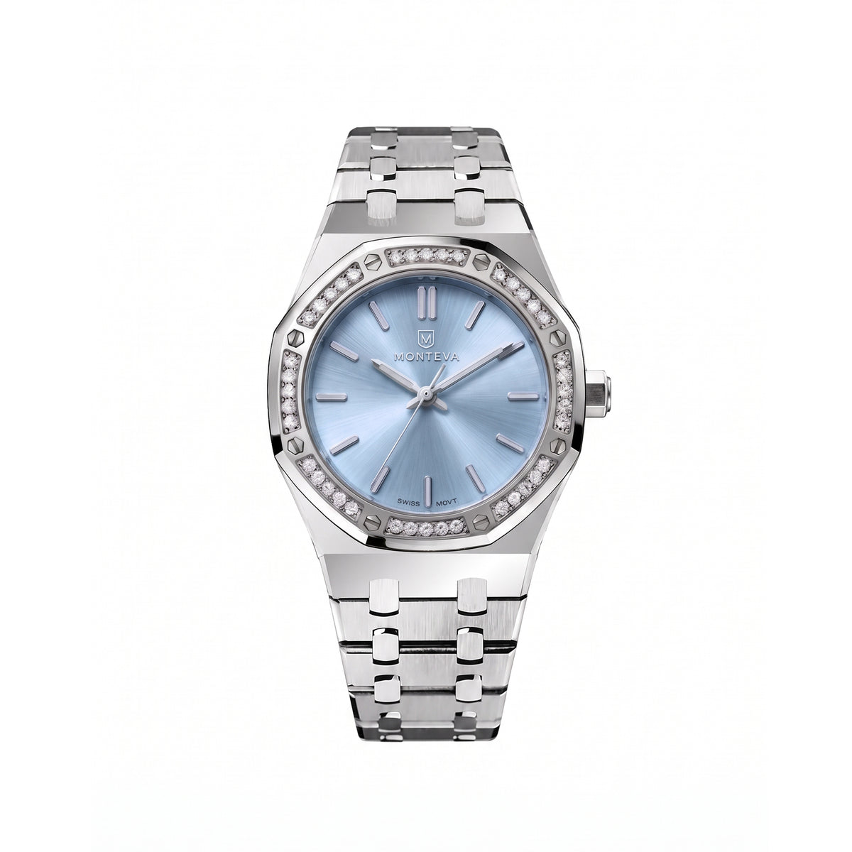 Yasmin Silver Stainless Steel Bracelet Ice-Blue Dial Premium Zircon 32mm Women’s Swiss Quartz Watch by MONTEVA