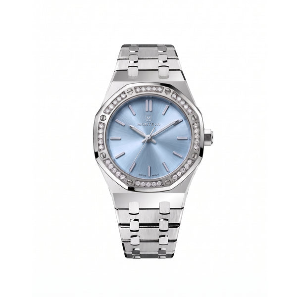 Yasmin Silver Stainless Steel Bracelet Ice-Blue Dial Premium Zircon 32mm Women’s Swiss Quartz Watch by MONTEVA