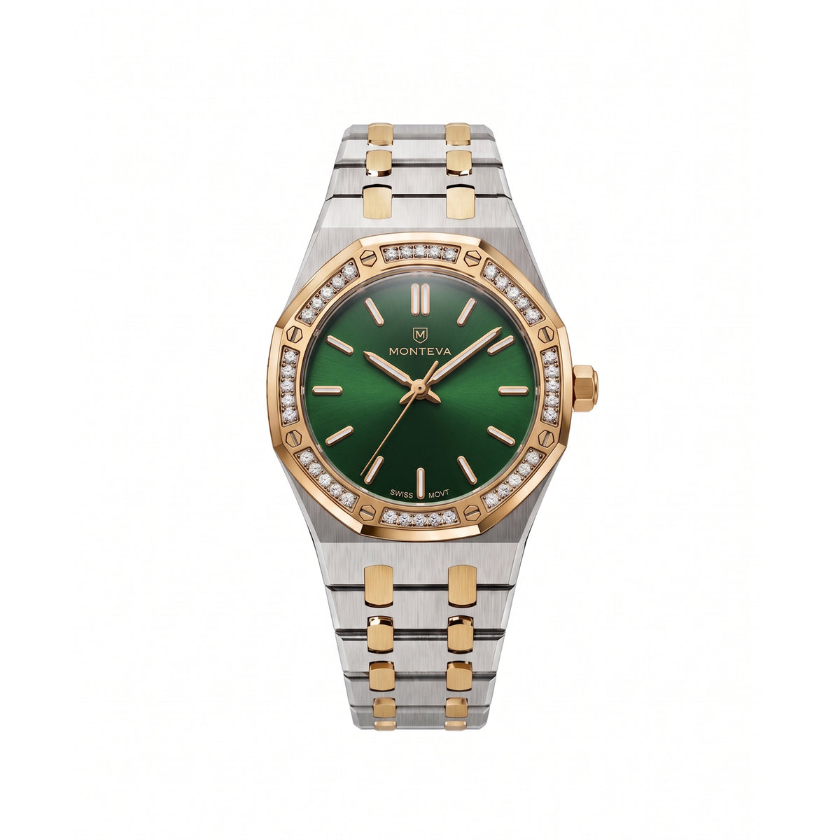 Yasmin Two-Tone Silver & 5-Micron Gold-Plated Bracelet Emerald-Green Dial Premium Zircon 32mm Women’s Swiss Quartz Watch by MONTEVA