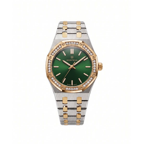 Yasmin Two-Tone Silver & 5-Micron Gold-Plated Bracelet Emerald-Green Dial Premium Zircon 32mm Women’s Swiss Quartz Watch by MONTEVA