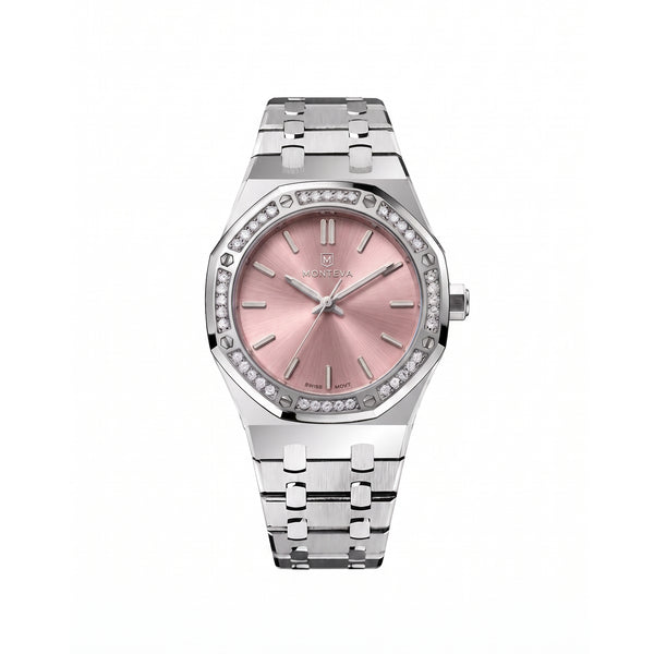 Yasmin Silver Stainless Steel Bracelet Blush-Pink Dial Premium Zircon 32mm Women’s Swiss Quartz Watch by MONTEVA