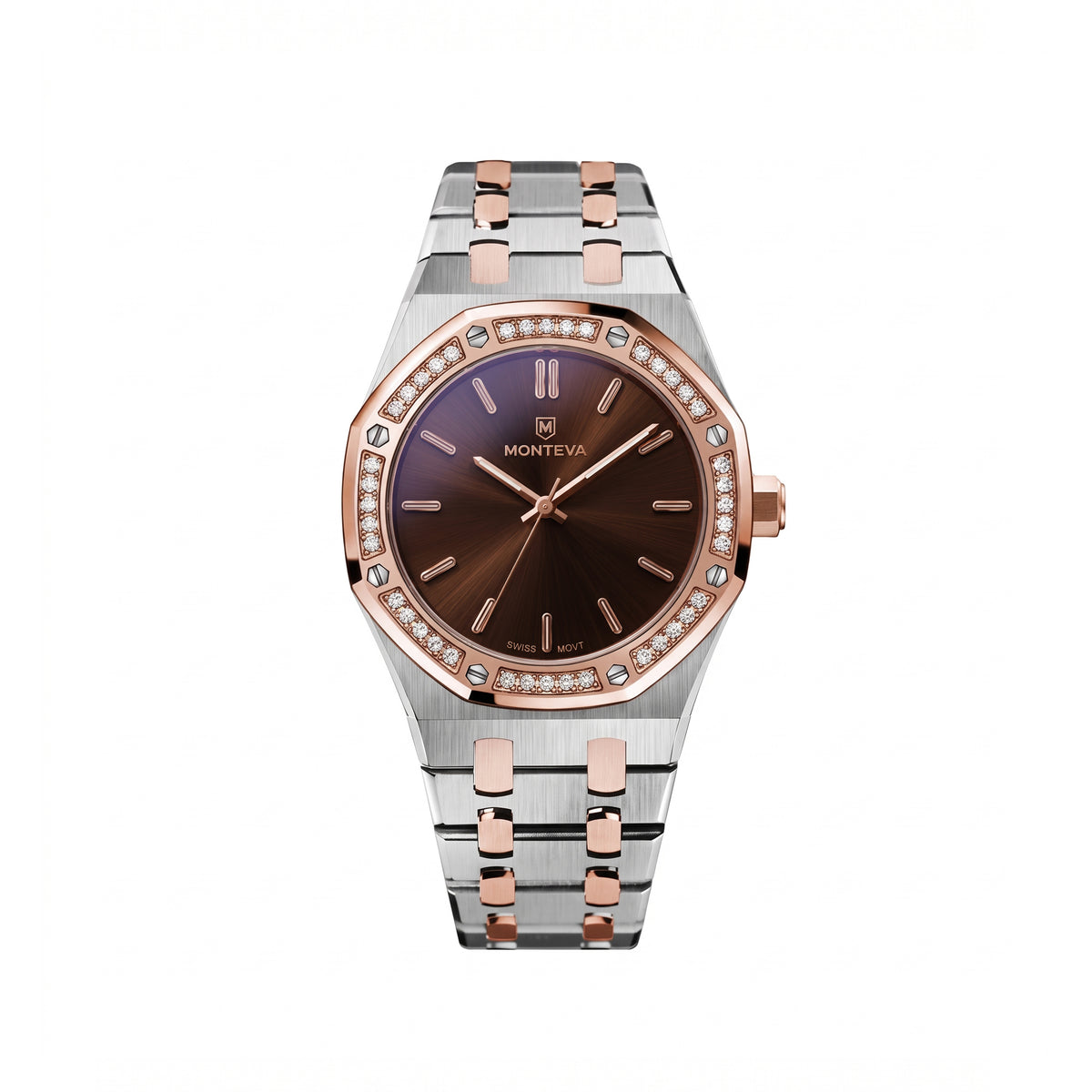 Yasmin Two-Tone Silver & 5-Micron Rose Gold-Plated Bracelet Brown Dial Premium Zircon 32mm Women’s Swiss Quartz Watch by MONTEVA
