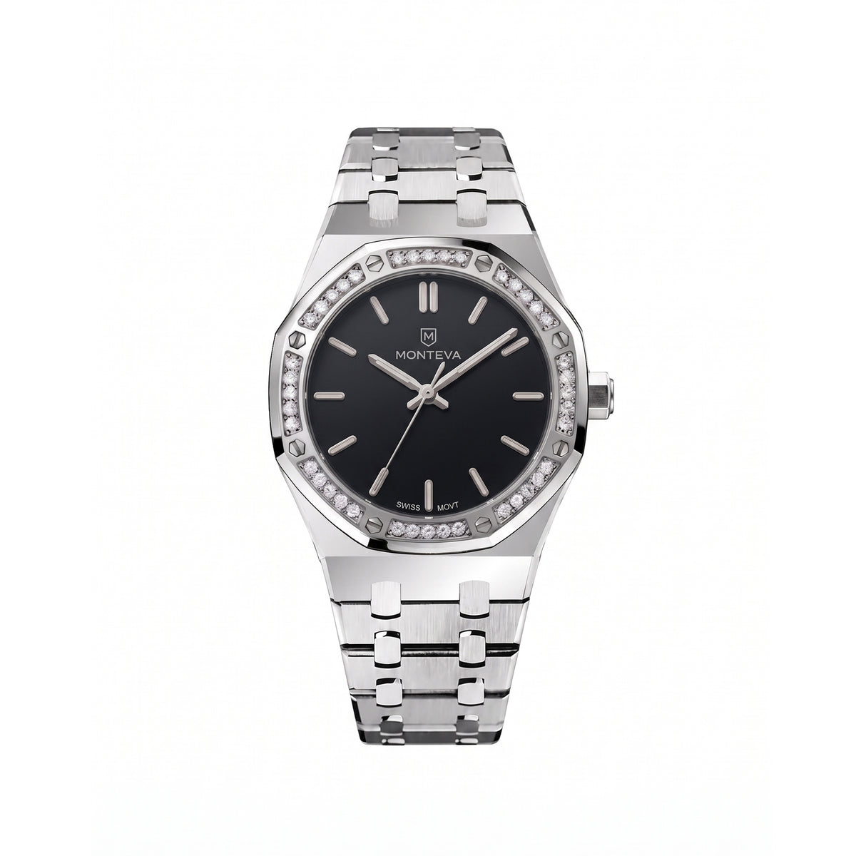 Yasmin Silver Stainless Steel Bracelet Black Dial Premium Zircon 32mm Women’s Swiss Quartz Watch by MONTEVA