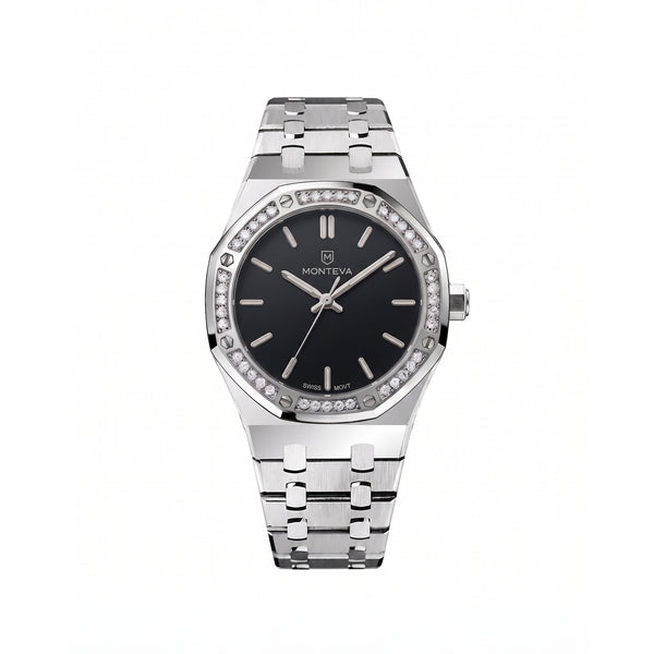 Yasmin Silver Stainless Steel Bracelet Black Dial Premium Zircon 32mm Women’s Swiss Quartz Watch by MONTEVA
