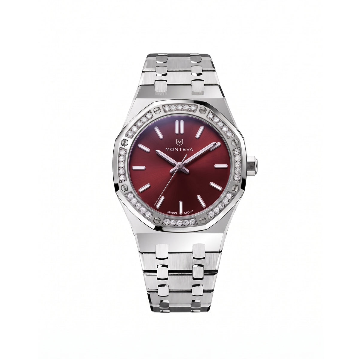 Yasmin Silver Stainless Steel Bracelet Burgundy Dial Premium Zircon 32mm Women’s Swiss Quartz Watch by MONTEVA