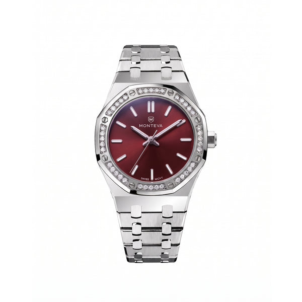 Yasmin Silver Stainless Steel Bracelet Burgundy Dial Premium Zircon 32mm Women’s Swiss Quartz Watch by MONTEVA