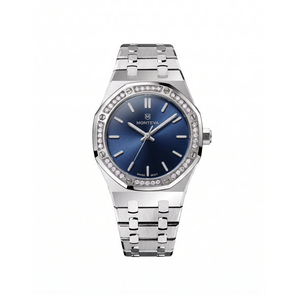 Yasmin Silver Stainless Steel Bracelet Deep Blue Dial Premium Zircon 32mm Women’s Swiss Quartz Watch by MONTEVA