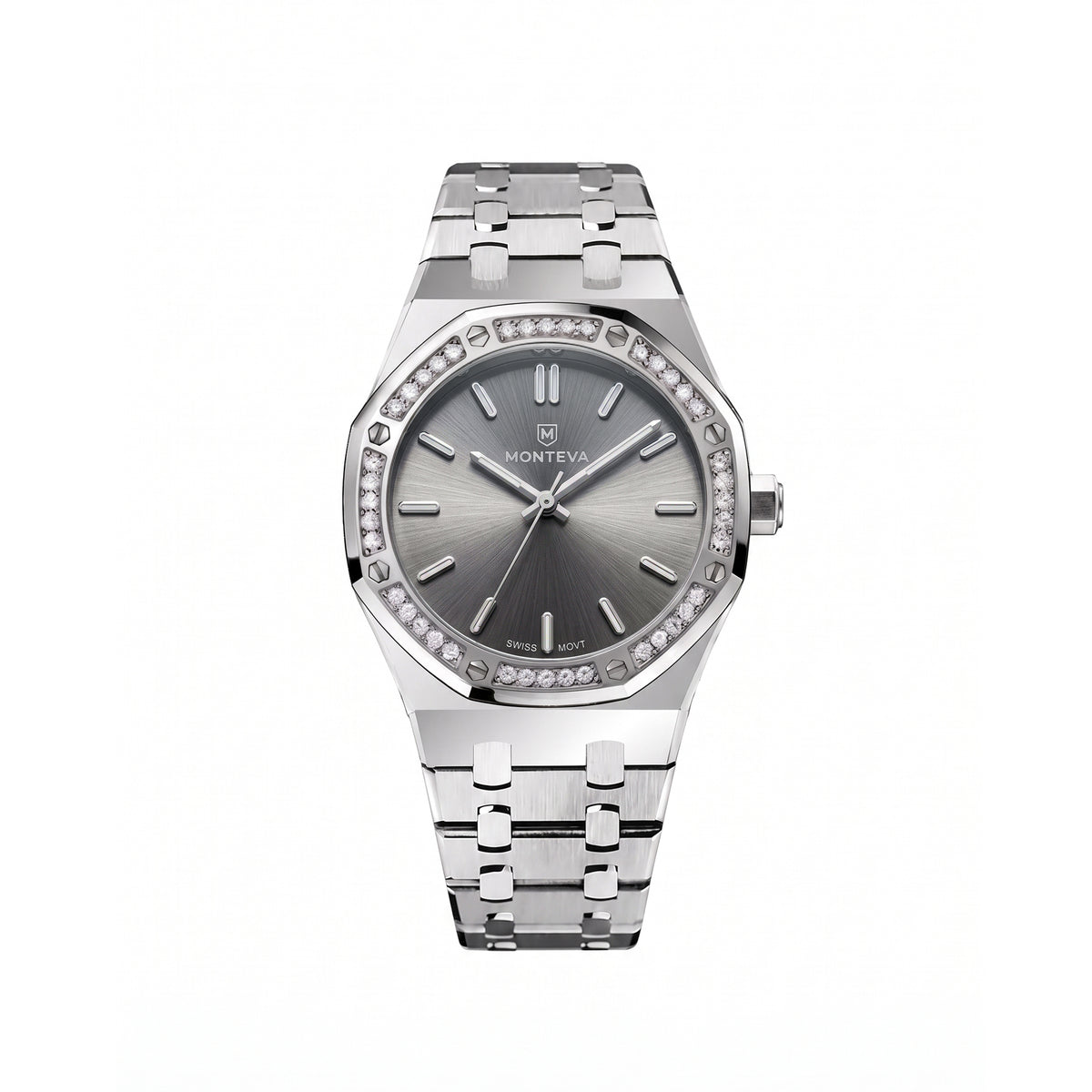Yasmin Silver Stainless Steel Bracelet Grey Dial Premium Zircon 32mm Women’s Swiss Quartz Watch by MONTEVA