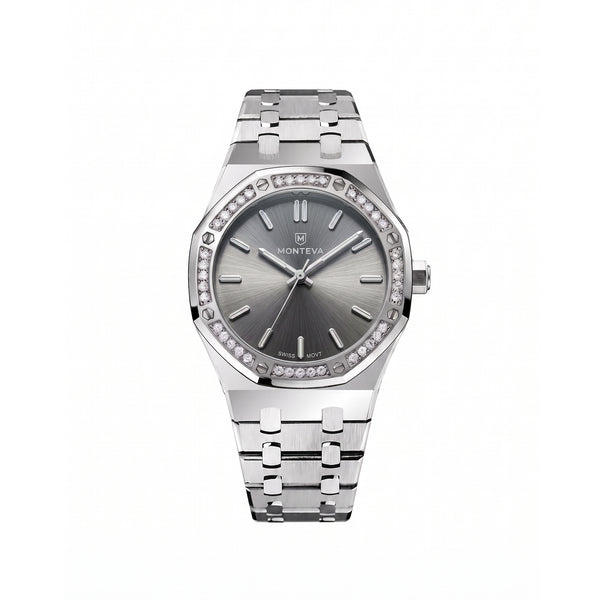 Yasmin Silver Stainless Steel Bracelet Grey Dial Premium Zircon 32mm Women’s Swiss Quartz Watch by MONTEVA