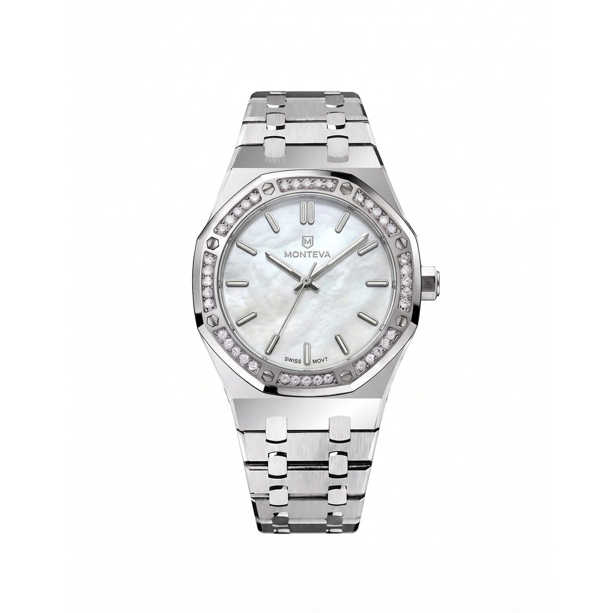Yasmin Silver Stainless Steel Bracelet White Mother-of-Pearl Dial Premium Zircon 32mm Women’s Swiss Quartz Watch by MONTEVA