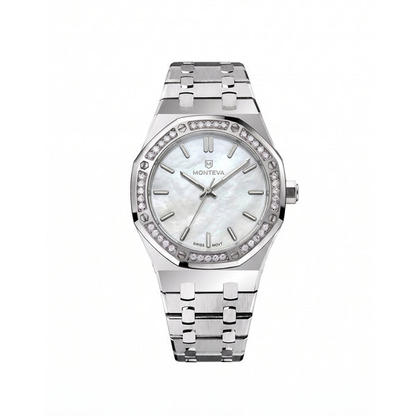 Yasmin Silver Stainless Steel Bracelet White Mother-of-Pearl Dial Premium Zircon 32mm Women’s Swiss Quartz Watch by MONTEVA