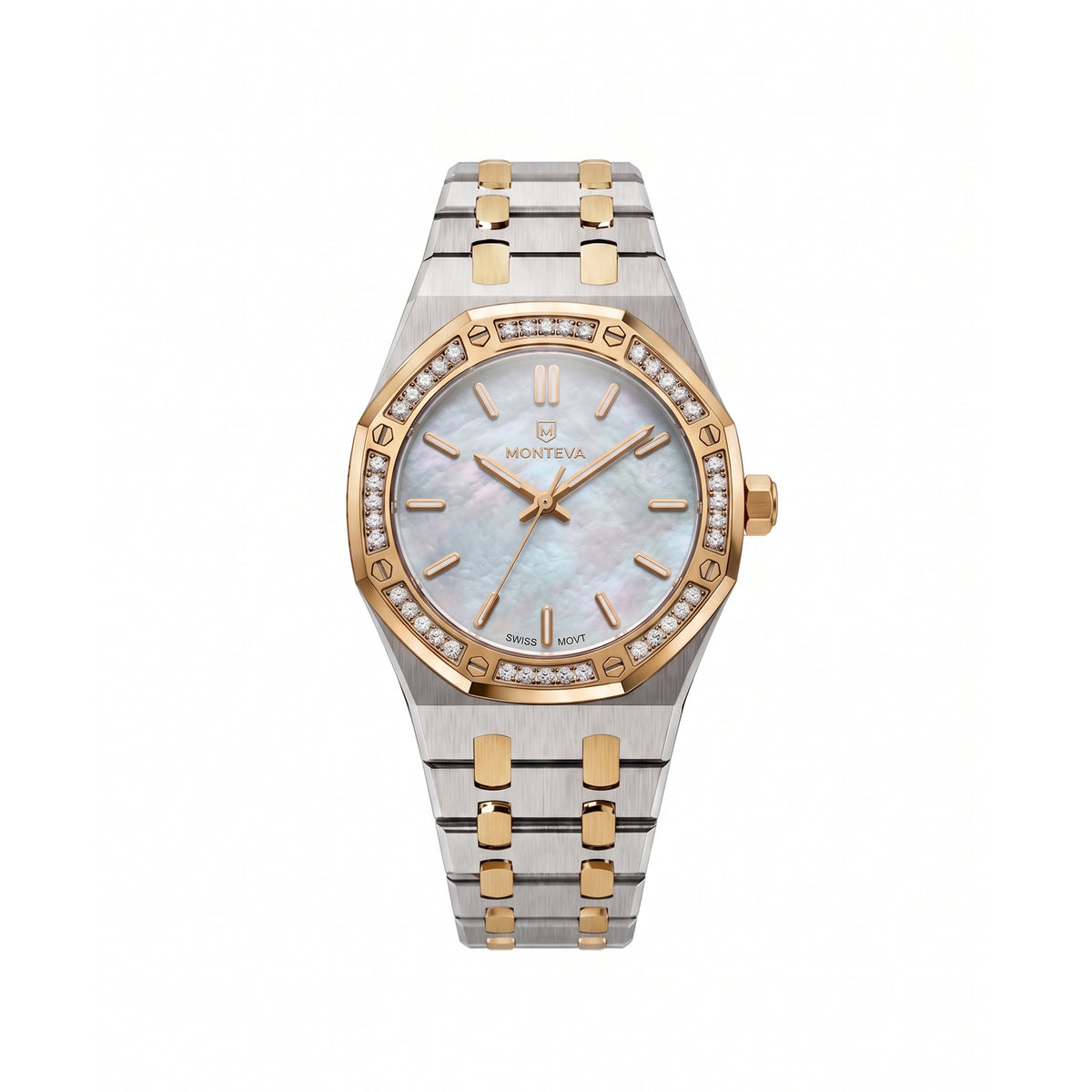 Yasmin Two-Tone Silver & 5-Micron Gold-Plated Bracelet White Mother-of-Pearl Dial Premium Zircon 32mm Women’s Swiss Quartz Watch by MONTEVA