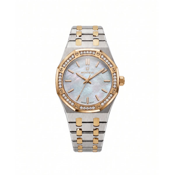 Yasmin Two-Tone Silver & 5-Micron Gold-Plated Bracelet White Mother-of-Pearl Dial Premium Zircon 32mm Women’s Swiss Quartz Watch by MONTEVA