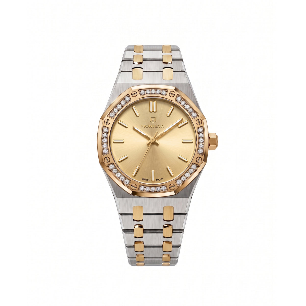 Yasmin Two-Tone Silver & 5-Micron Gold-Plated Bracelet Champagne Dial Premium Zircon 32mm Women’s Swiss Quartz Watch by MONTEVA