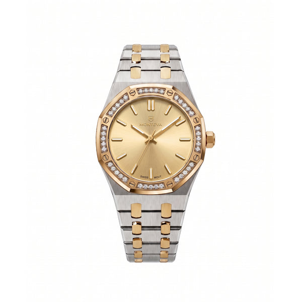 Yasmin Two-Tone Silver & 5-Micron Gold-Plated Bracelet Champagne Dial Premium Zircon 32mm Women’s Swiss Quartz Watch by MONTEVA