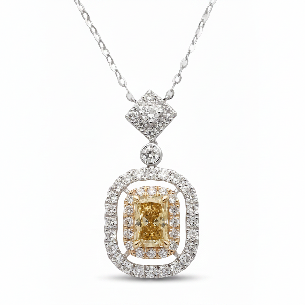 Elegant Yellow Diamond Pendant with Double Halo