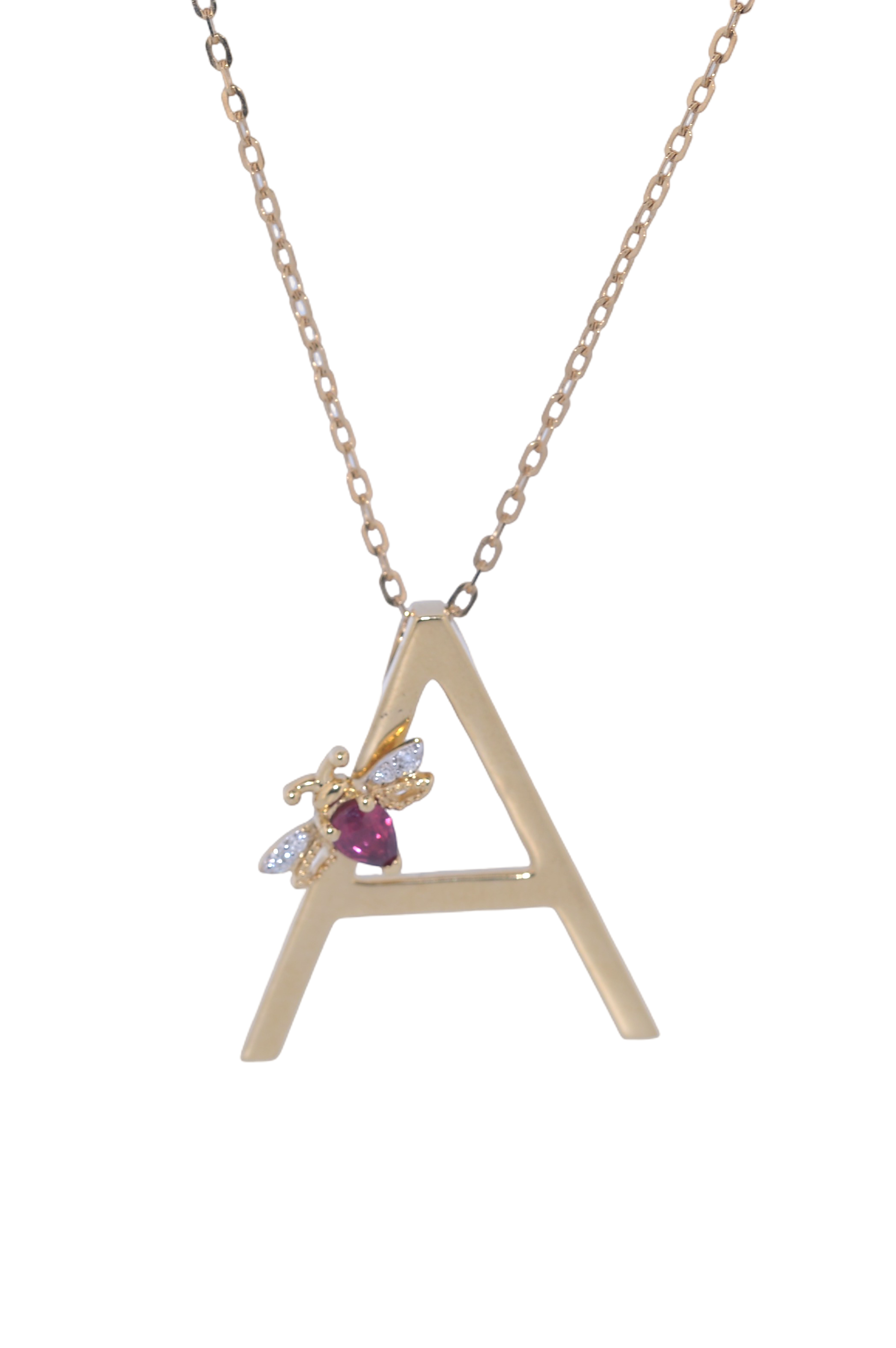 18K Gold "A" Initial Pendant with Diamond & Ruby Bee
