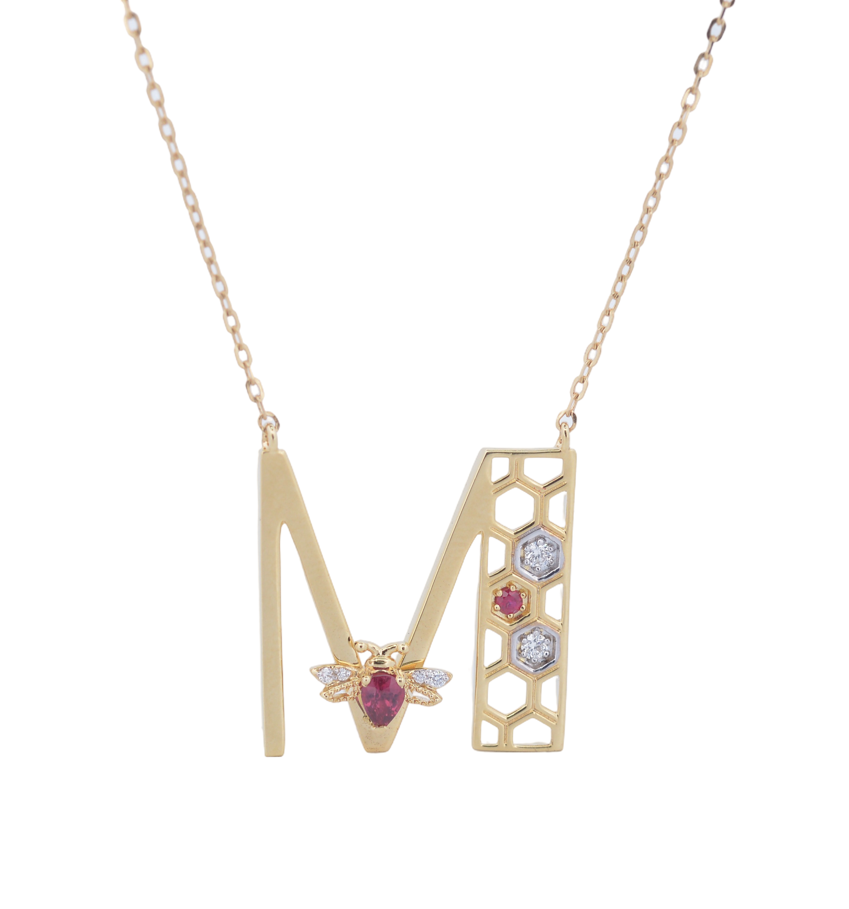 18K Gold "M" Diamond Pendant with Ruby and Honeycomb Motif
