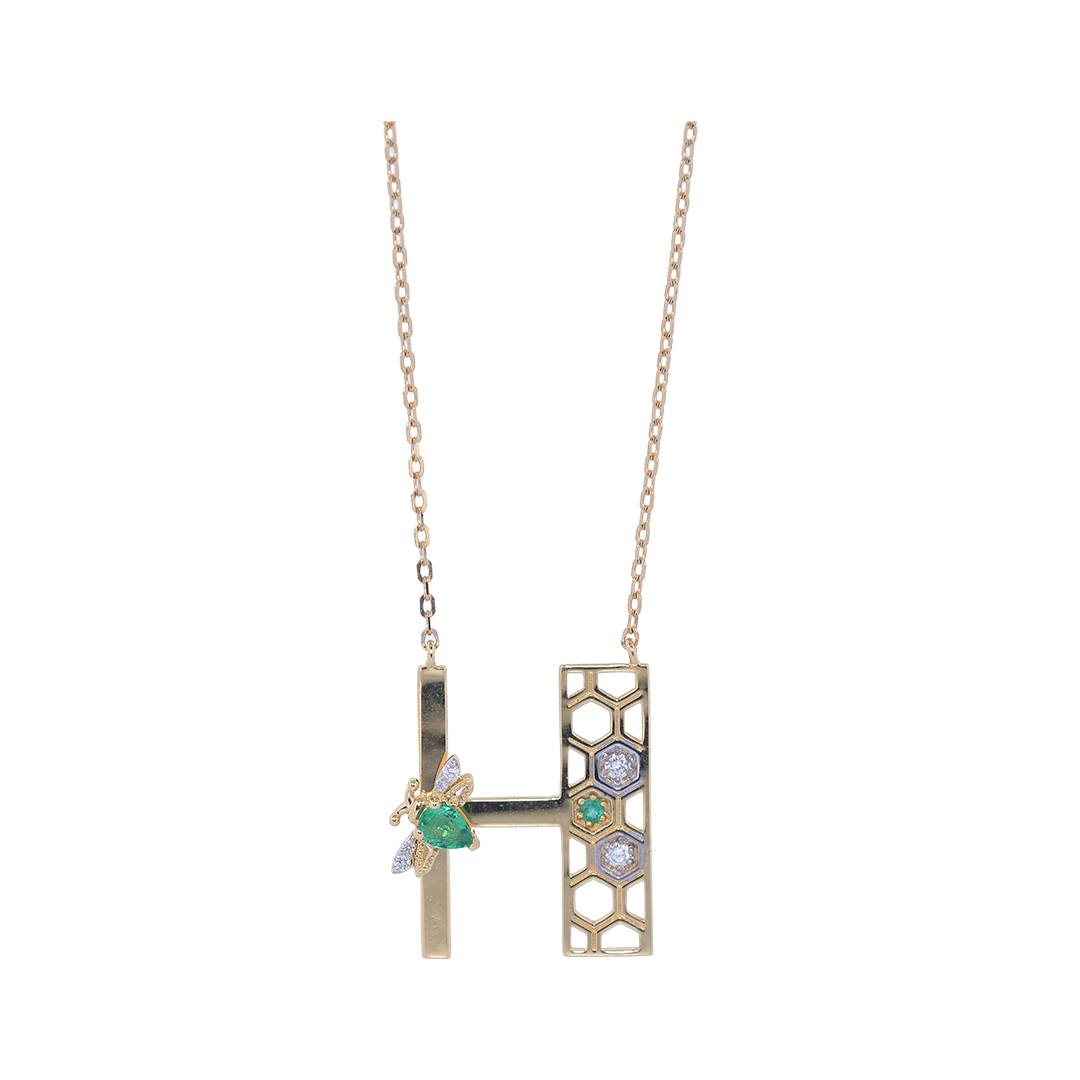 18K Gold "H" Diamond Pendant with Emerald Bee & Honeycomb Detail