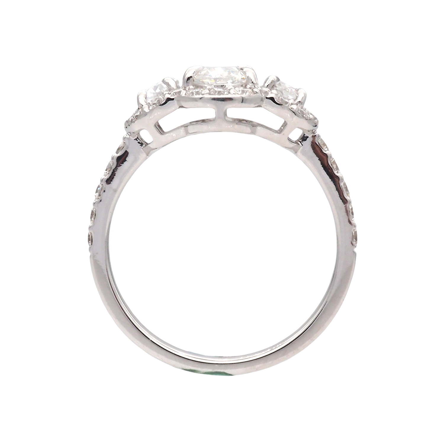 Oval Lab-Grown Diamond Three-Stone Halo Ring in White Gold