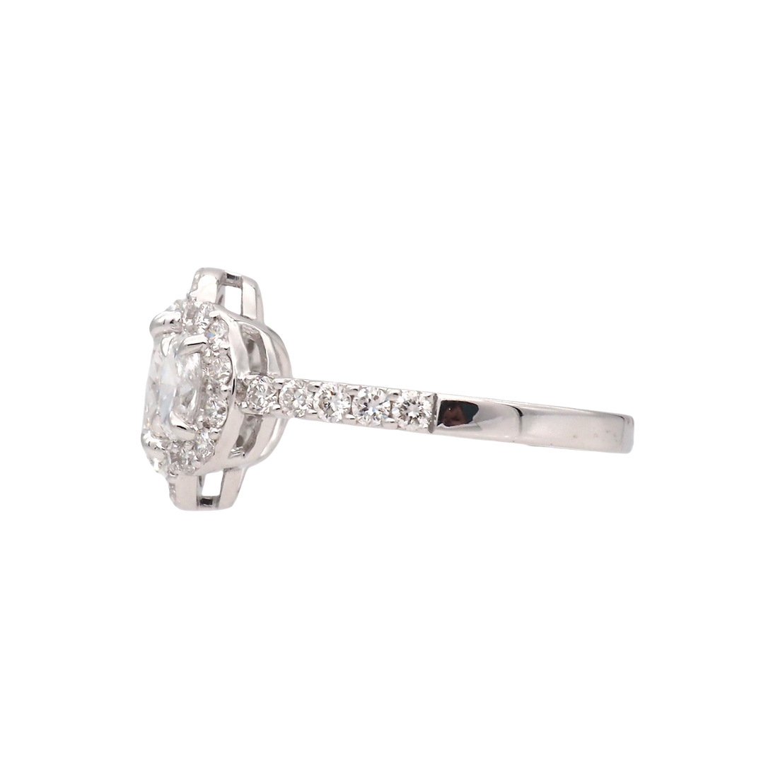 Oval Lab-Grown Diamond Three-Stone Halo Ring in White Gold