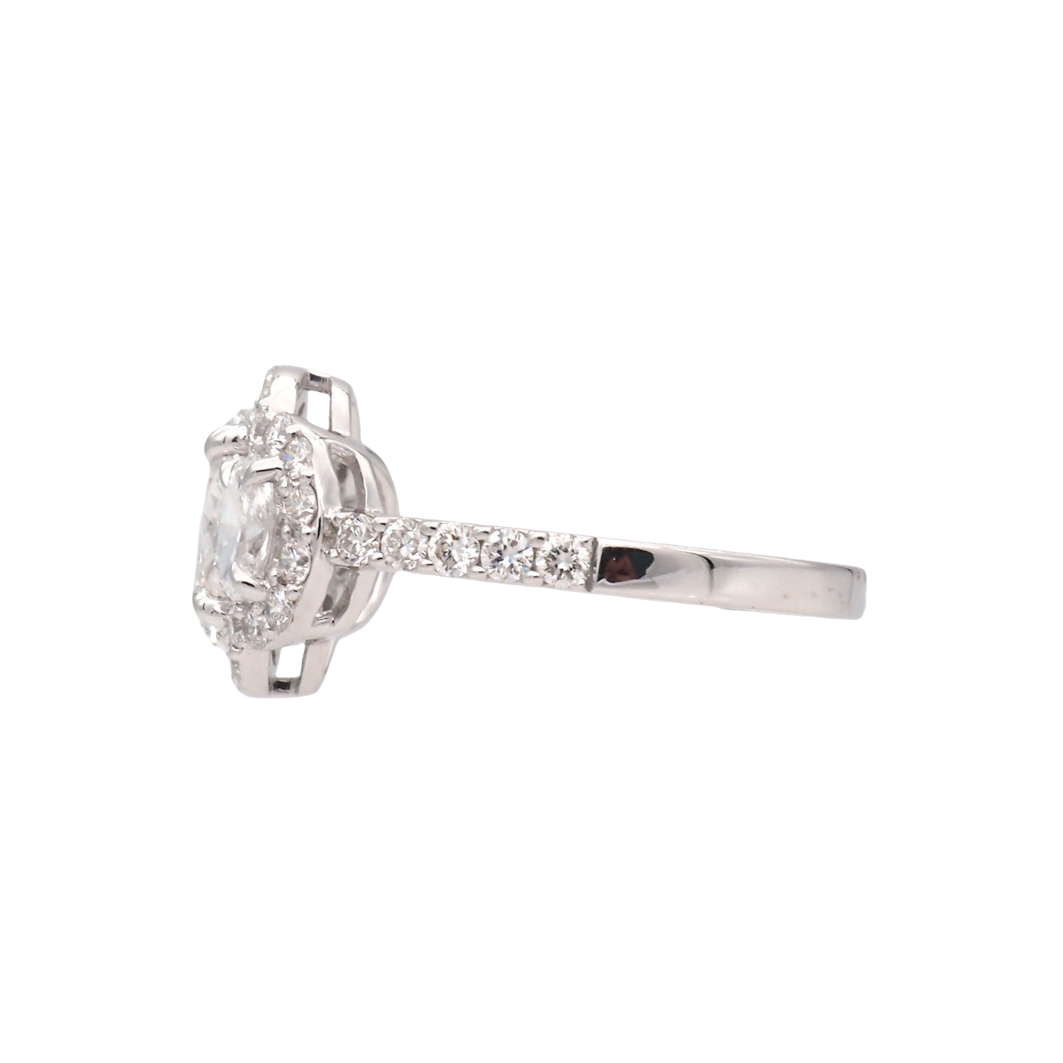 Oval Lab-Grown Diamond Three-Stone Halo Ring in White Gold